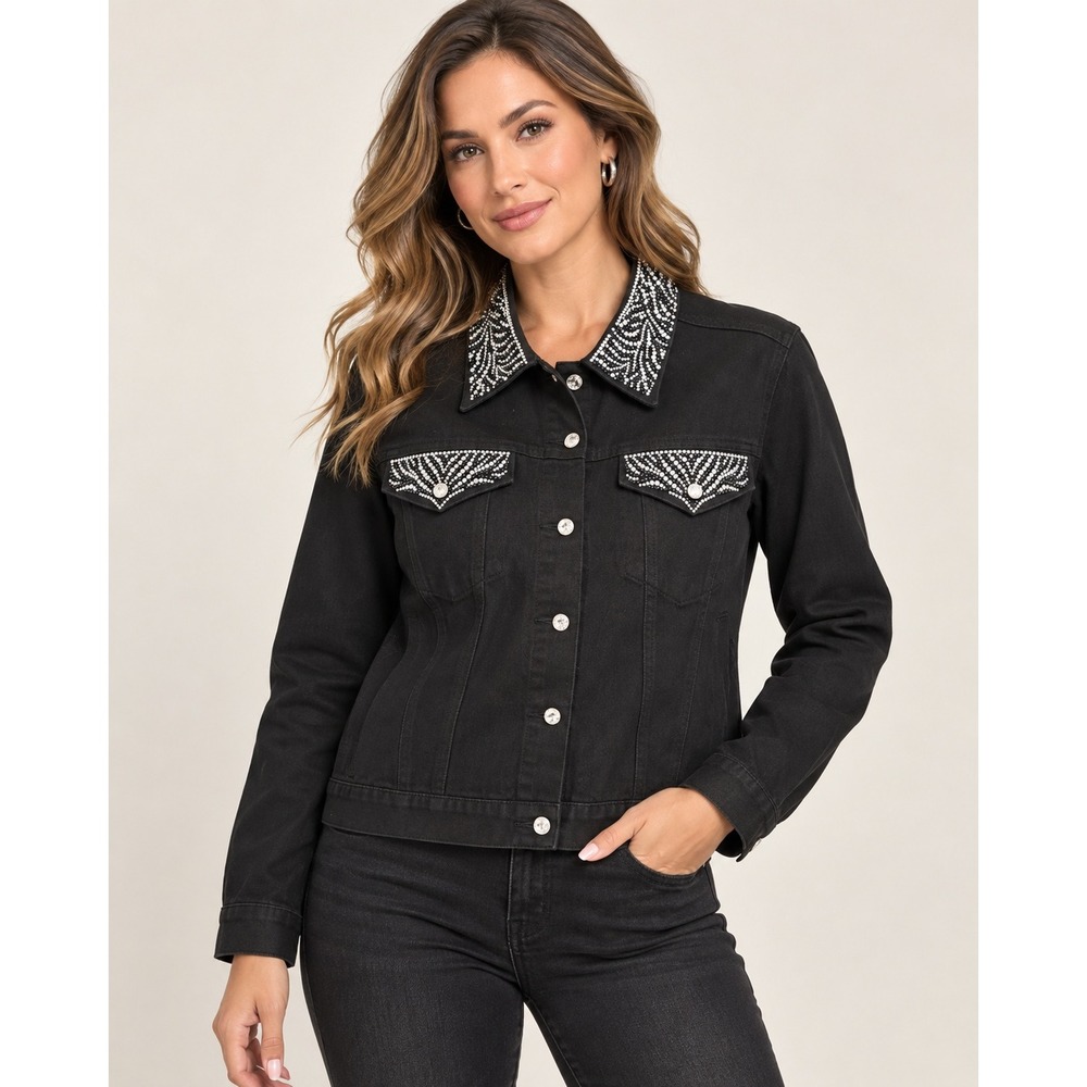 Christine Alexander Black Denim Jacket M Rhinestone Crystal Western Y2K Bling